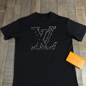 Black Graphic Tee with Dotted Outline Designer Logo